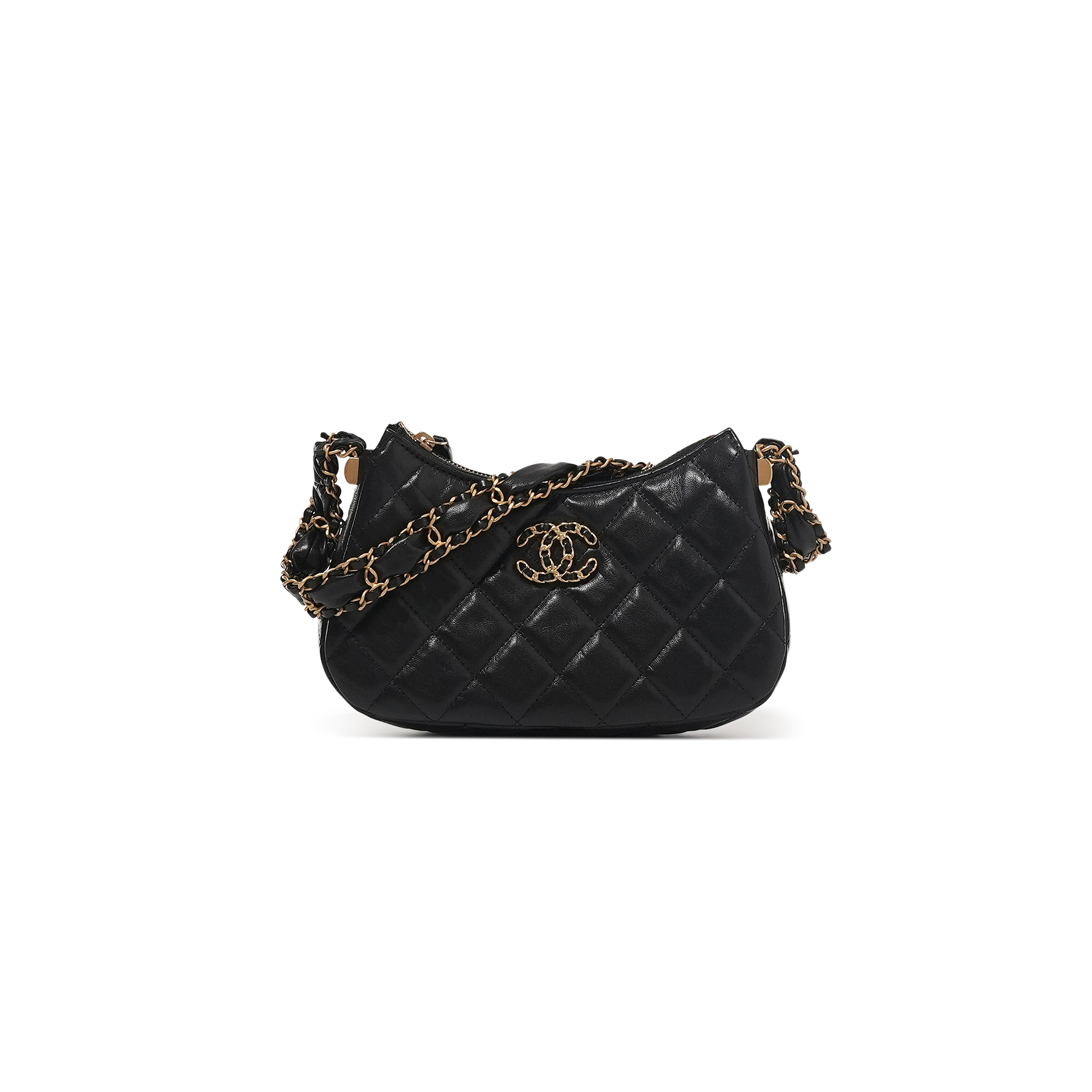 CHANEL BLACK QUILTED LAMBSKIN HOBO BAG BRUSHED GOLD HARDWARE (20.5*12*4.5cm) 